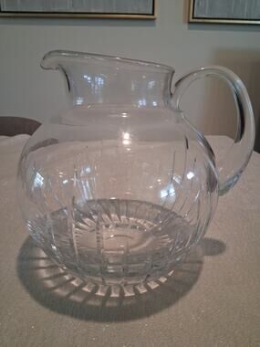 Vintage Block Crystal Ball Pitcher Hand Cut Glass Round Water Jug Poland 70oz